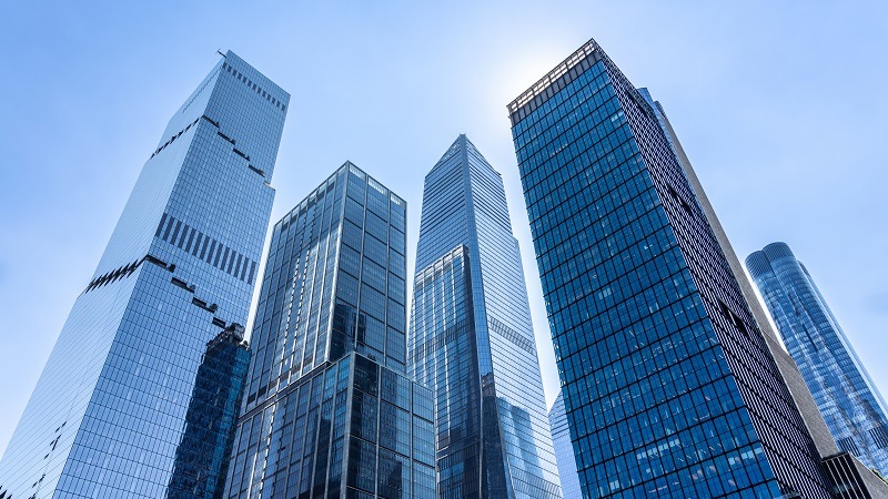 Skyscrapers in New York against a blue sky